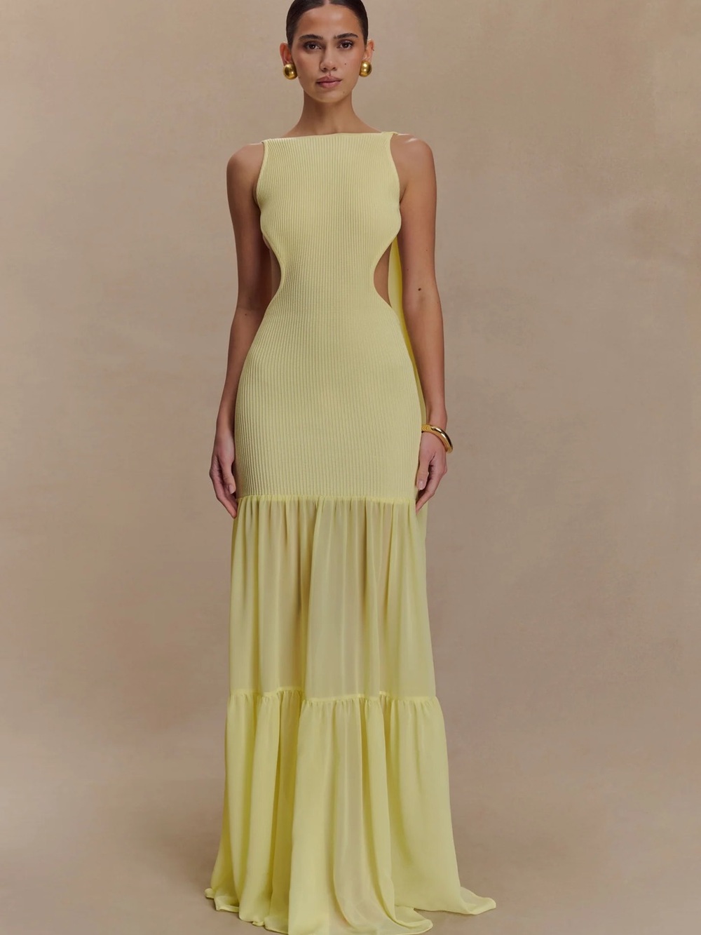 Haille Knit Chiffon Maxi Dress in Lemon - Picture 2 of 7